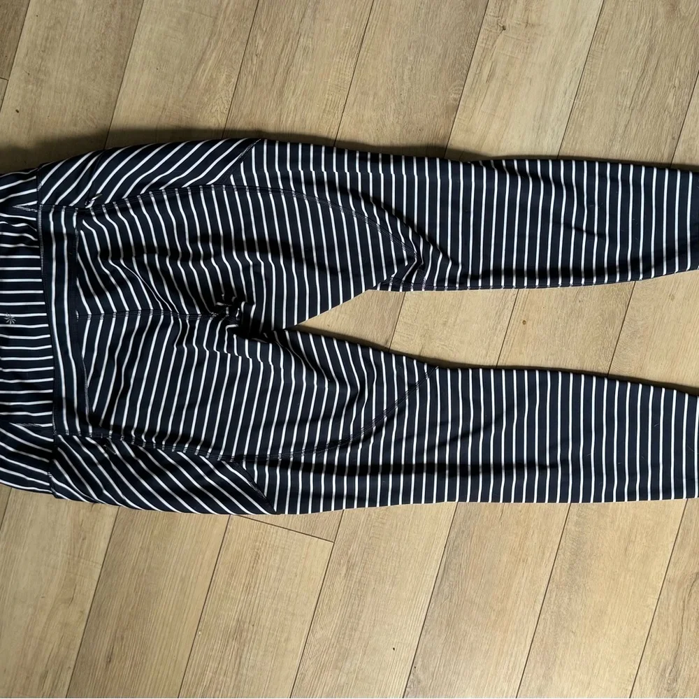 Athleta Contender Navy and White Striped Leggings